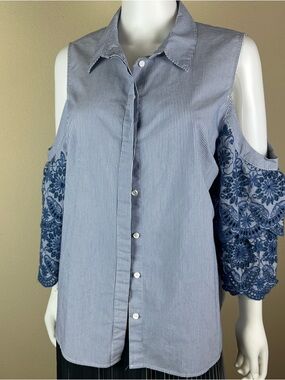 Gibson Latimer Blue Striped Cold-Shoulder Button-Down Top with Navy Lace Sleeves